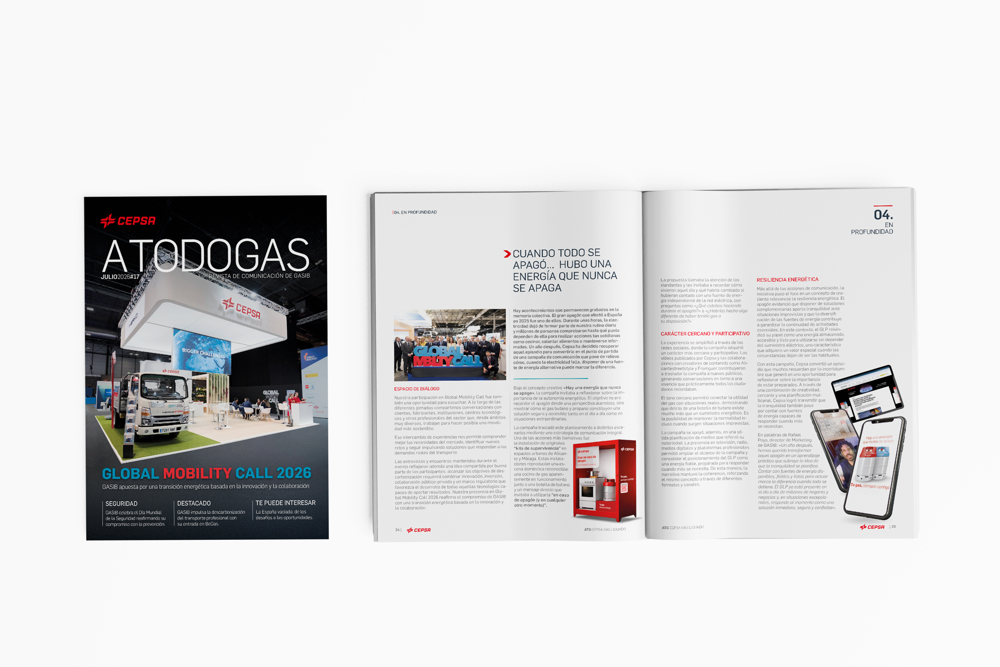 Maquetación de portada y páginas dobles de noticia en la revista A Todo Gas de Cepsa 2026