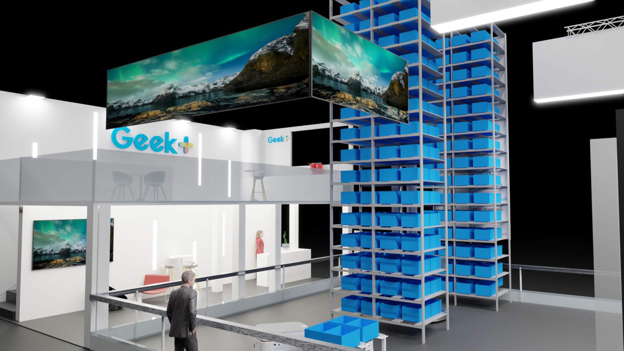 Render general del stand de Geek+ para LogiMAT 2024
