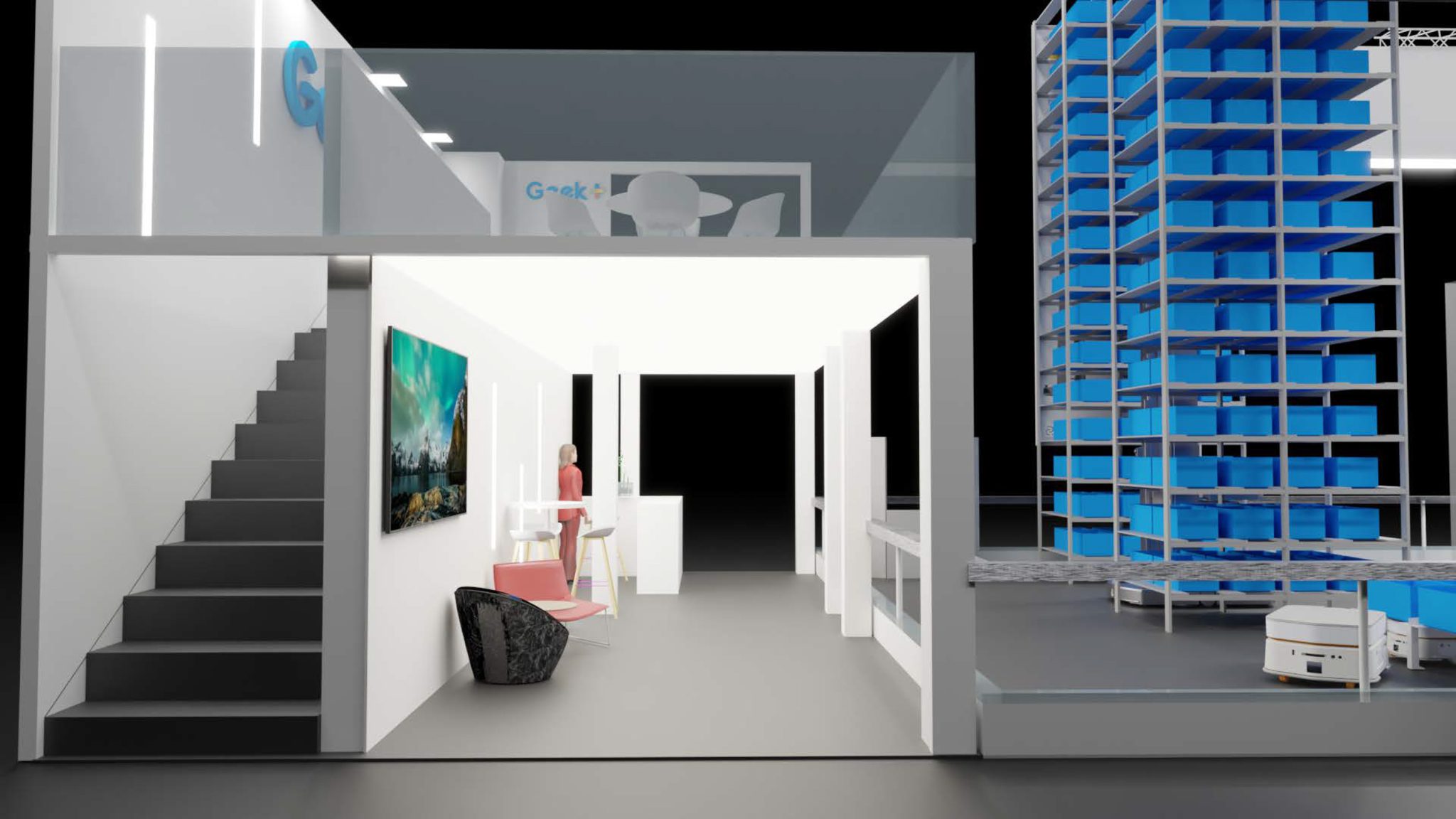 Render interior del stand de Geek+ para LogiMAT 2024