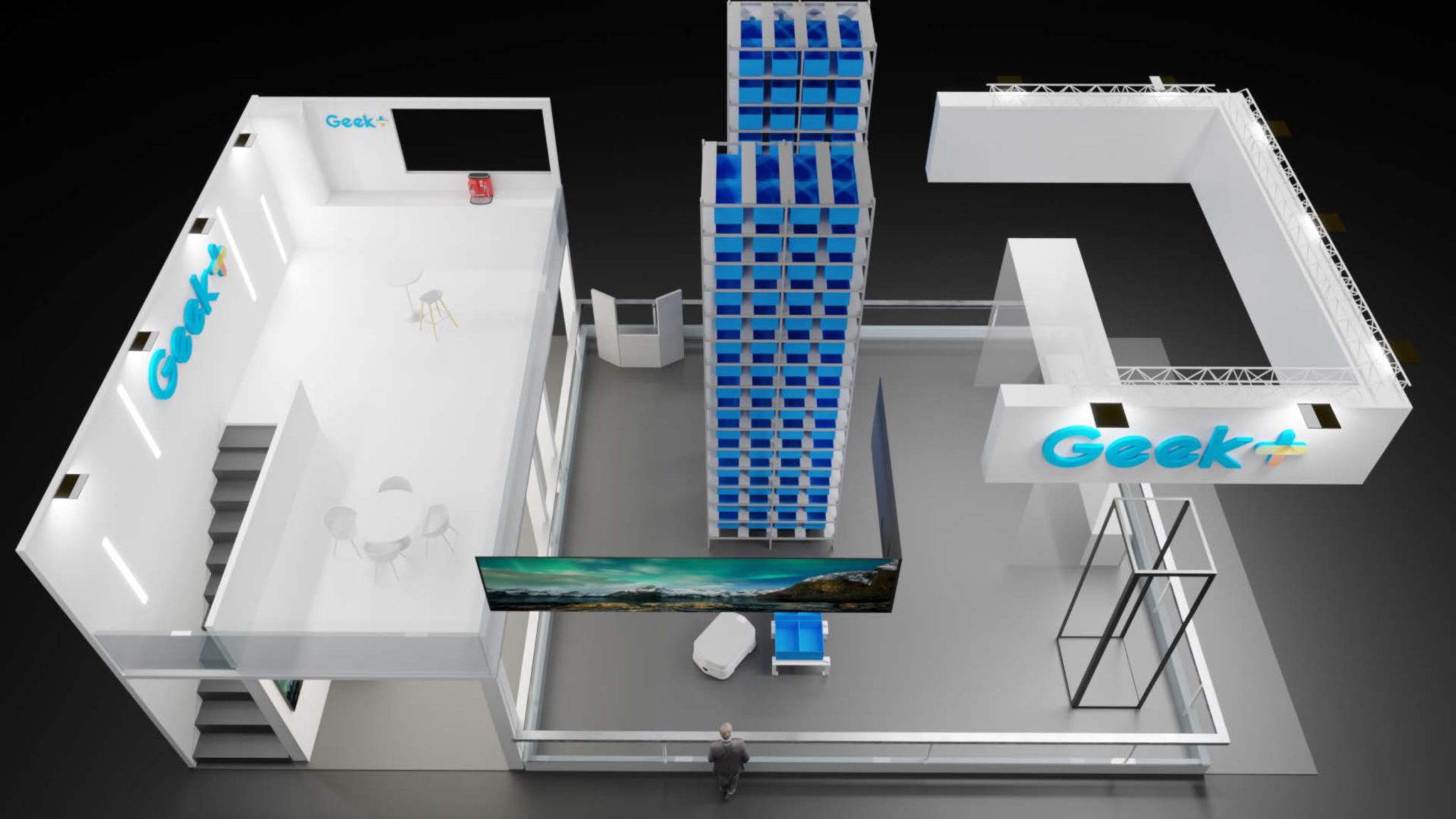 Render vista superior del stand de Geek+ para LogiMAT 2024
