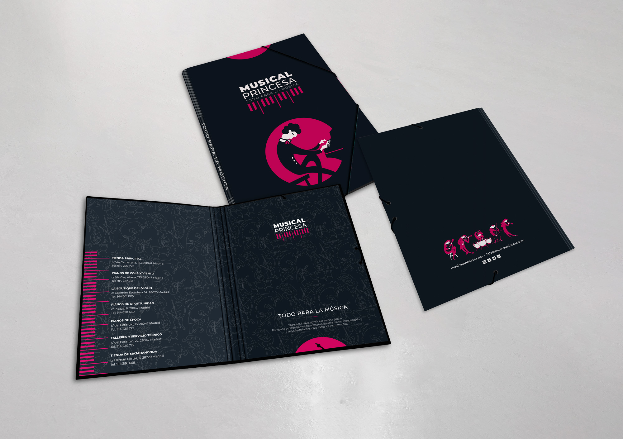 Carpeta corporatica con logotipo, patrón de marca e ilustraciones de Musical Princesa