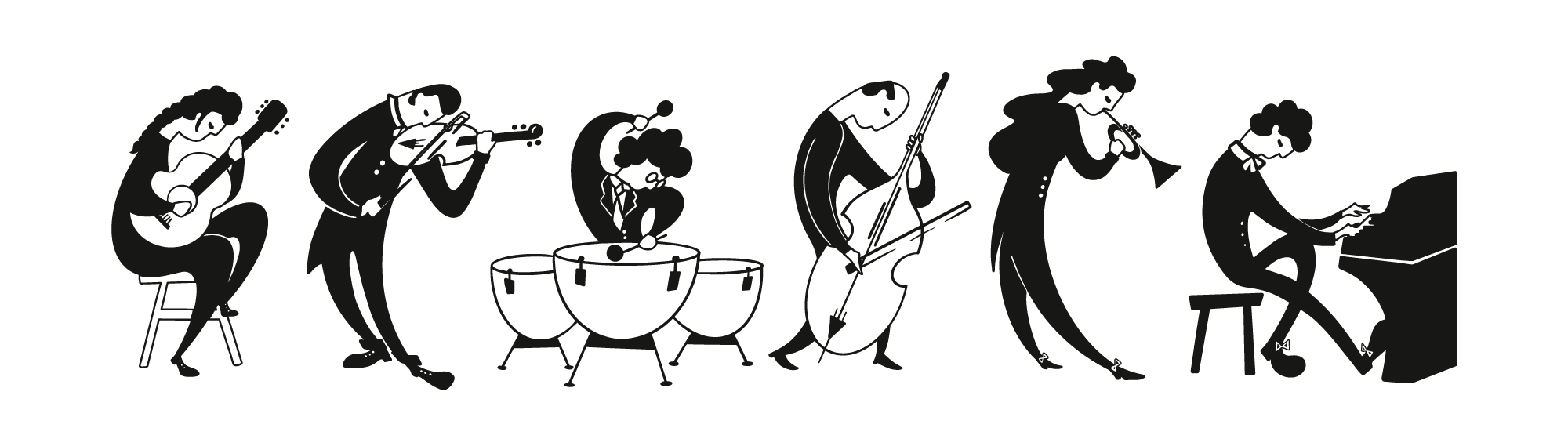 Ilustraciones corporativas de músicos variados sobre fondo blanco de Musical Princesa