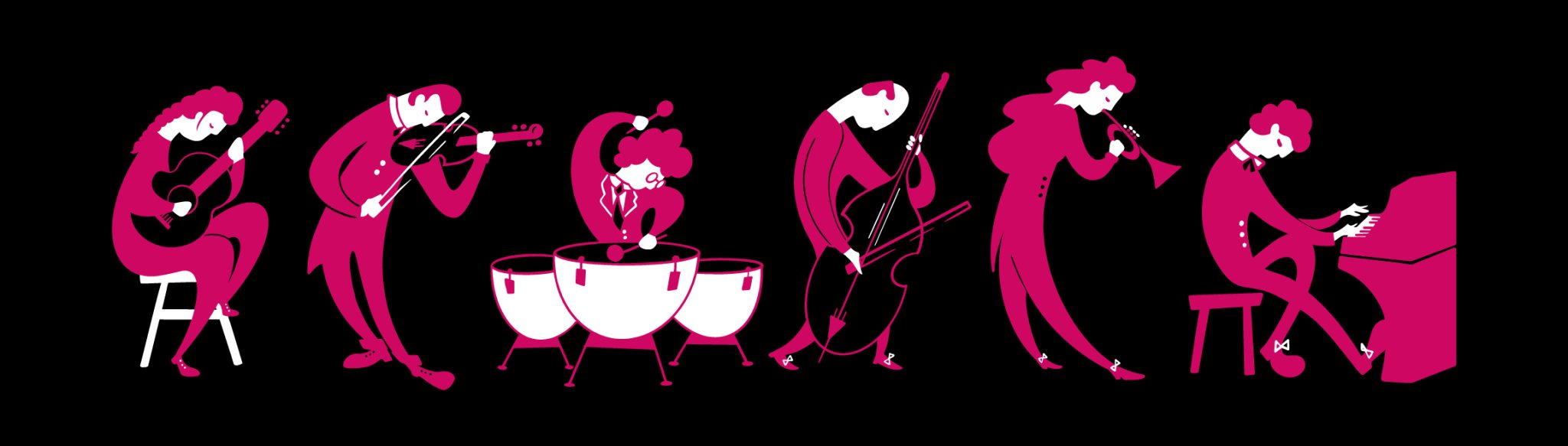 Ilustraciones corporativas de músicos variados sobre fondo negro de Musical Princesa