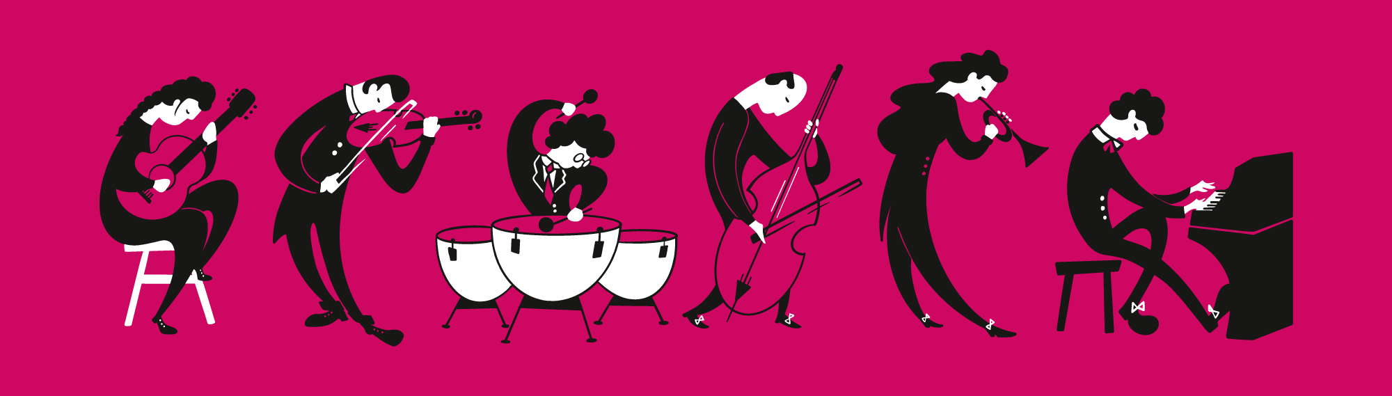 Ilustraciones corporativas de músicos variados sobre fondo rosa de Musical Princesa