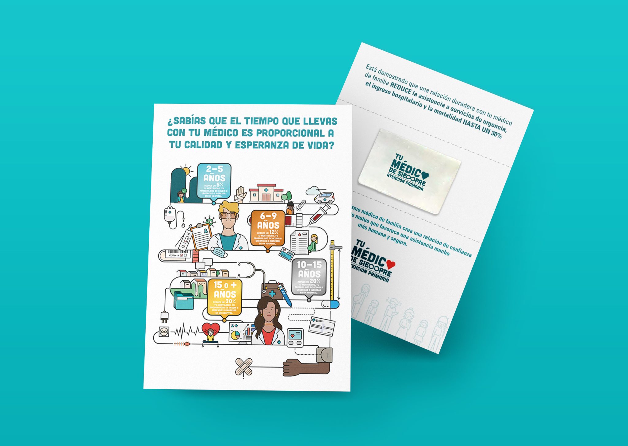 Flyer con tarjetero de la campaña Longimed sobre longitudinalidad en la atención médica